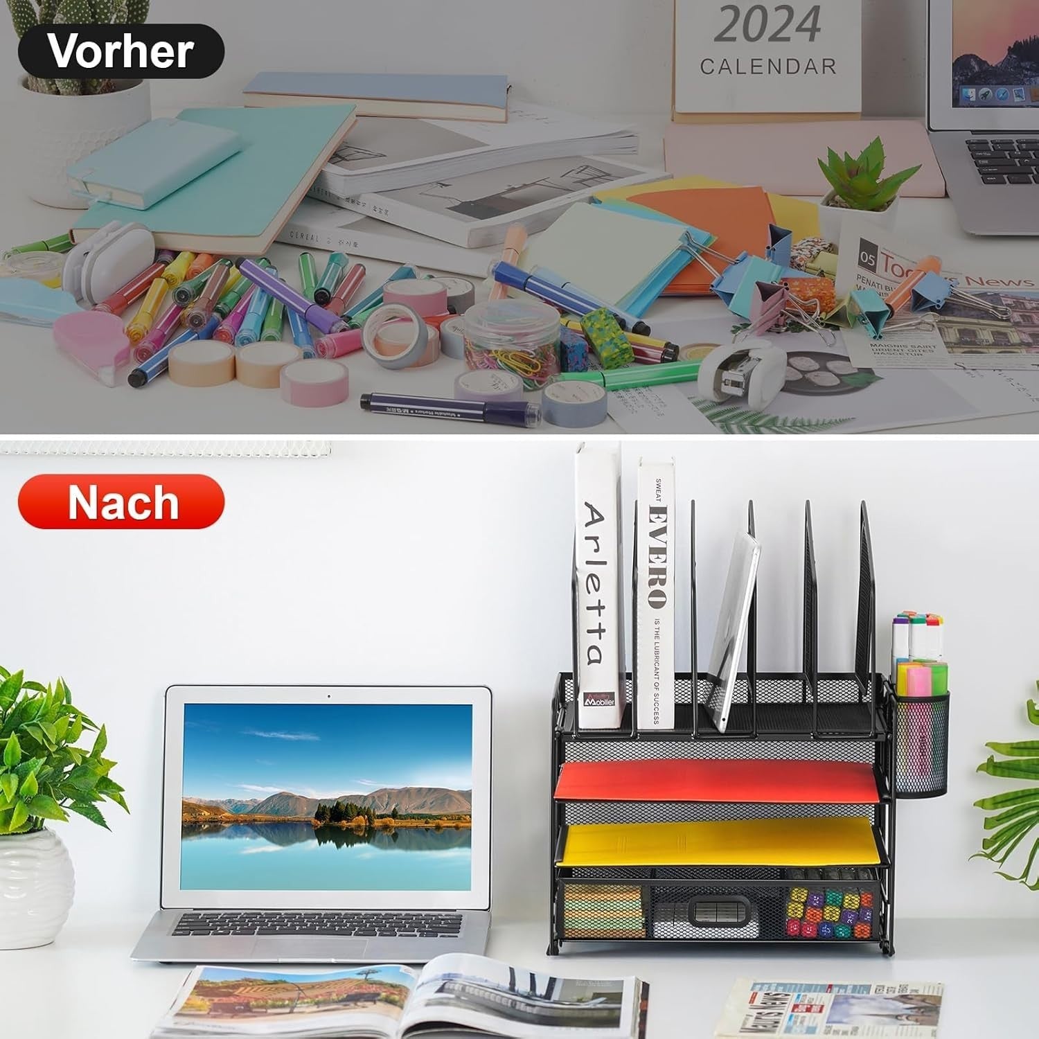 4-Tier Desk Organizer Tray with Drawer, 5 Vertical File & Pen Holders