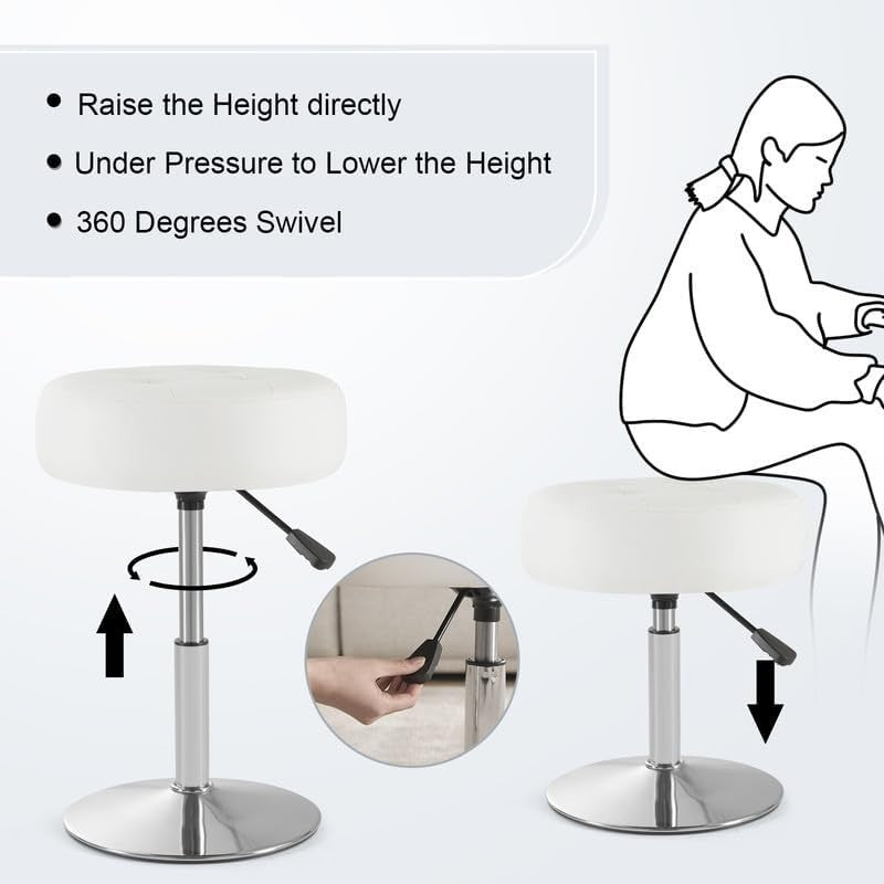 White PU Leather Swivel Vanity Stool – Adjustable Tufted Round Makeup Chair