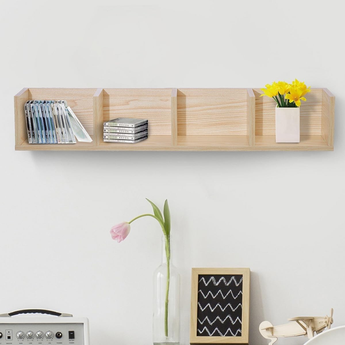 Wall Mounted CD DVD Storage Shelf 4 Cube Floating Media Organizer Wood