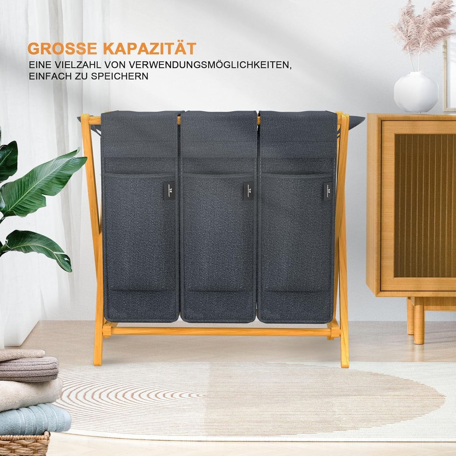 3 Compartment Bamboo Laundry Hamper 150L Foldable Sorting Basket Grey