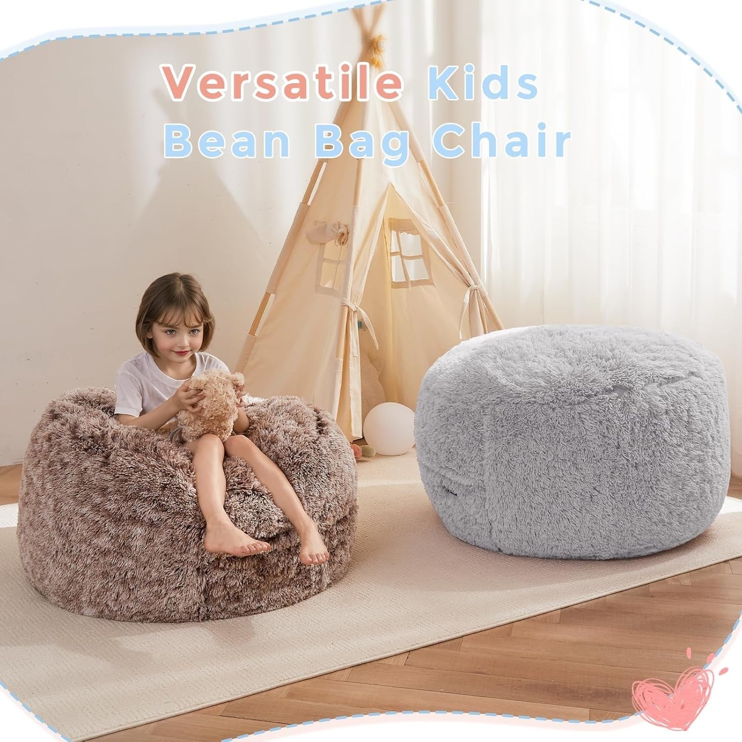 Grey Plush Kids Bean Bag Chair Bed Sofa Lounger Faux Fur Washable Foldable