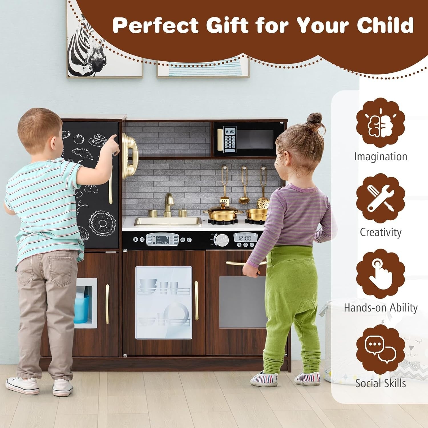 Wooden Kids Play Kitchen Coffee w/ Chalkboard Ice Maker Microwave