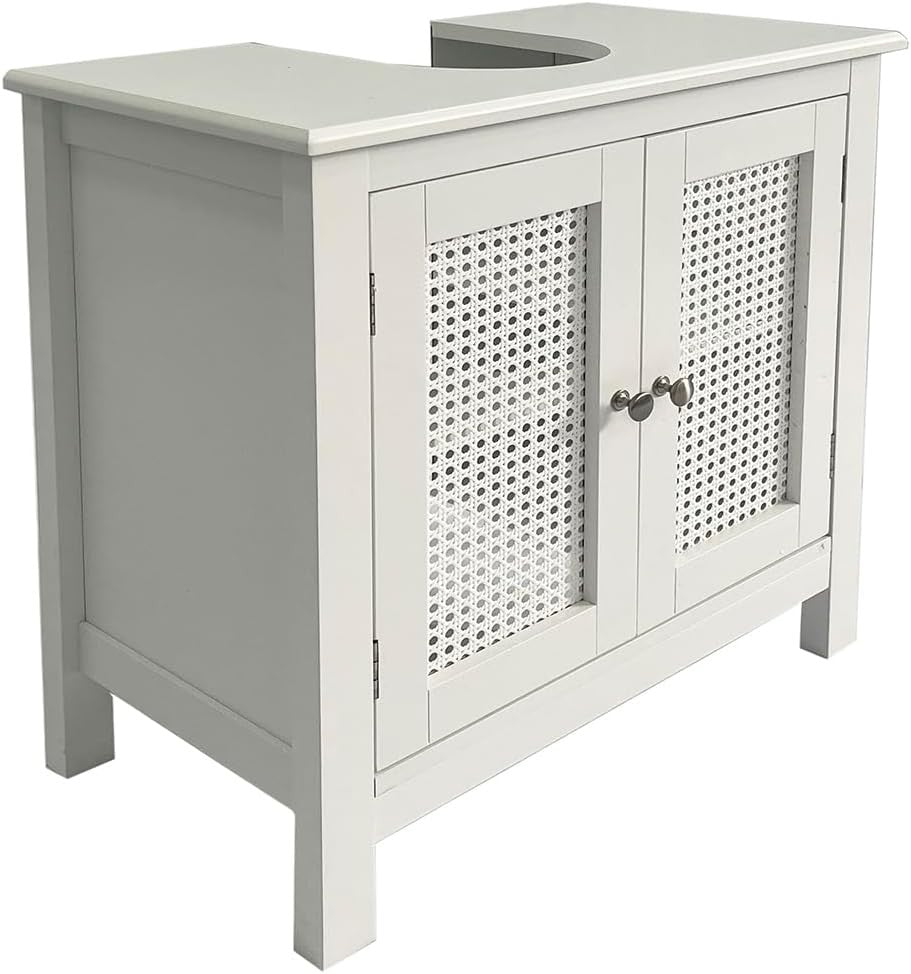 White Under Sink Bathroom Cabinet with Cane Doors & Adjustable Storage Shelf