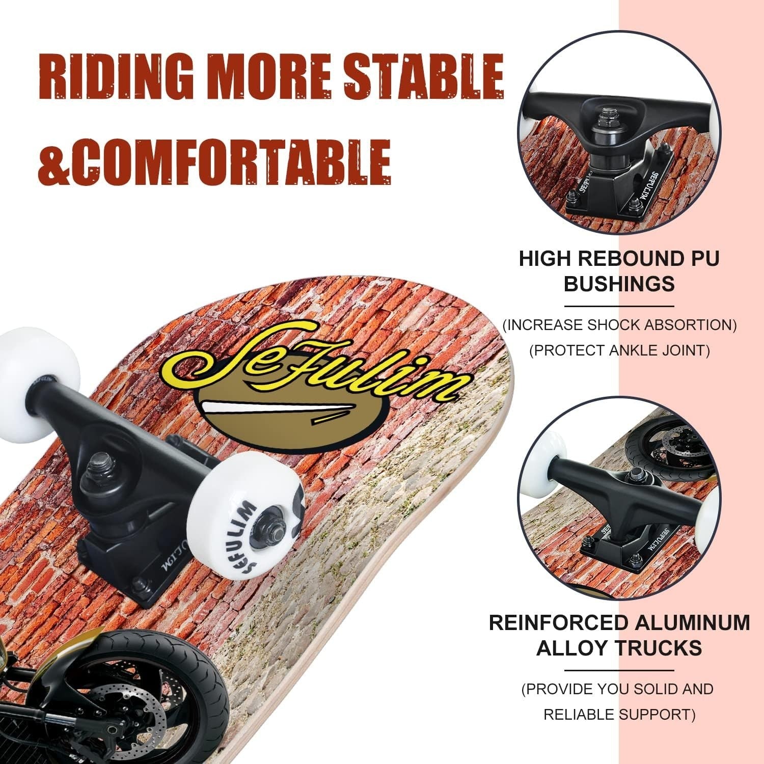31" Complete Skateboard Maple Double Kick Trick Board Motorcycle Design Teens