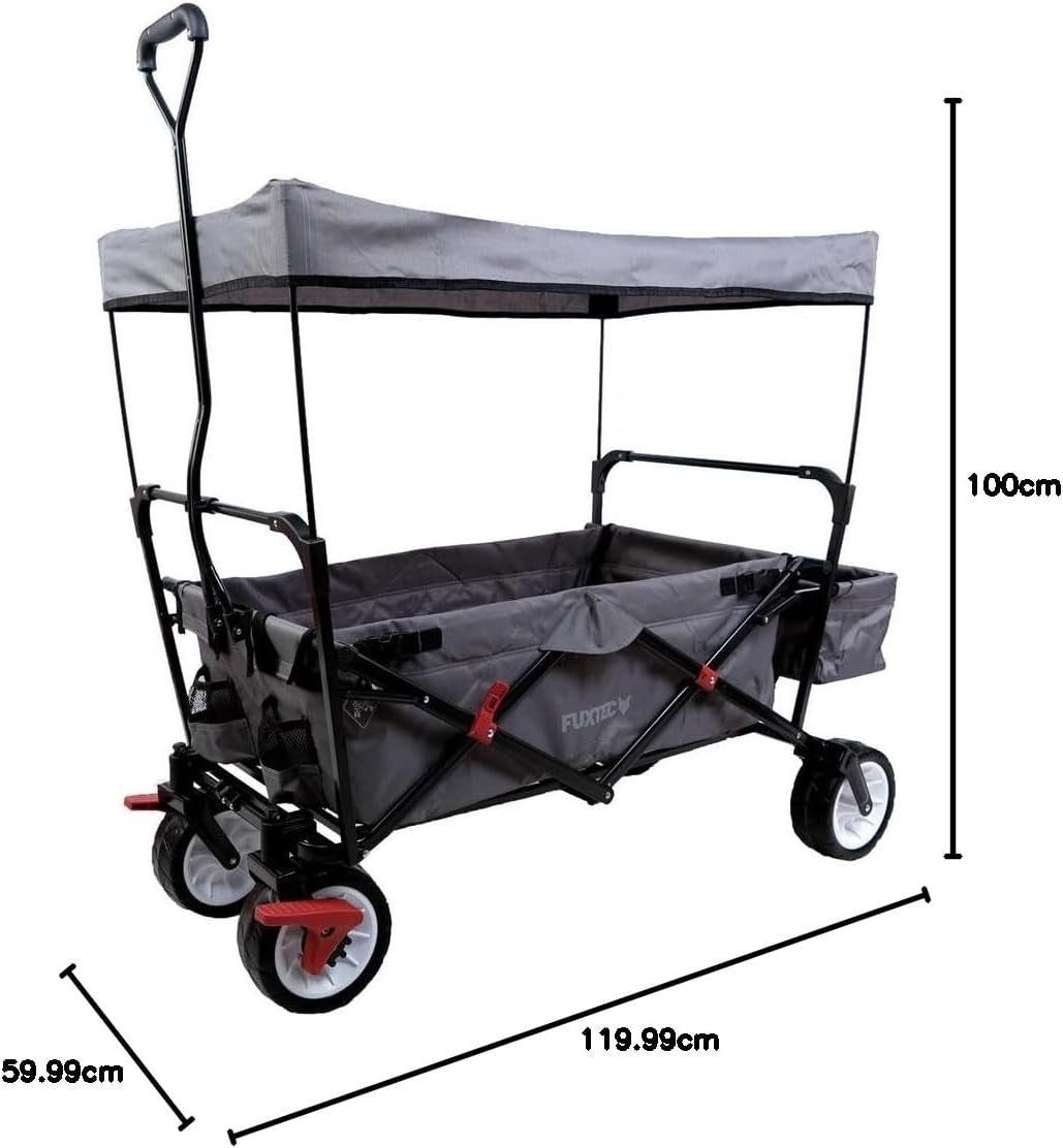 Grey Folding Wagon w/ Canopy Compact Pull Cart Garden Trolley w/ Rear Bag