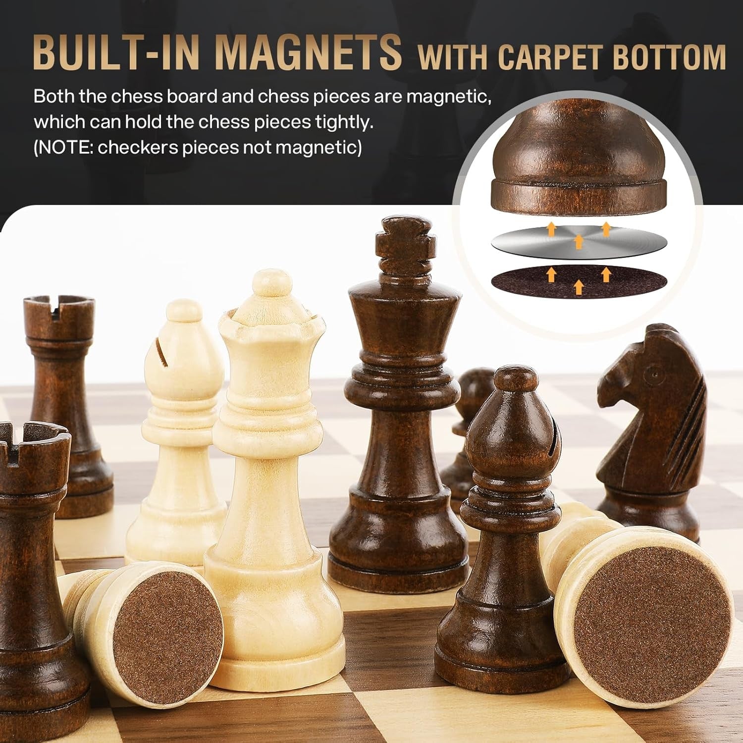 15" Magnetic 2-in-1 Wooden Chess & Draughts Board Set w/ Extra Queens