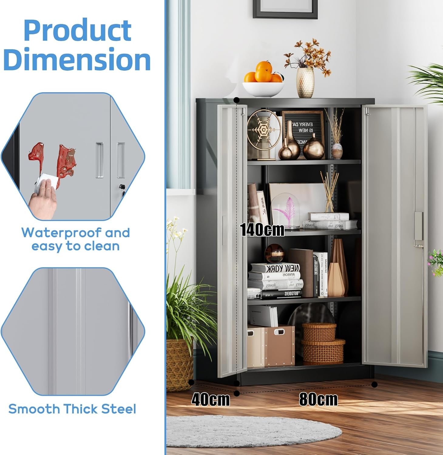 Metal Storage Cabinet 2 Door 3 Adjustable Shelves Lockable Steel Cupboard Black