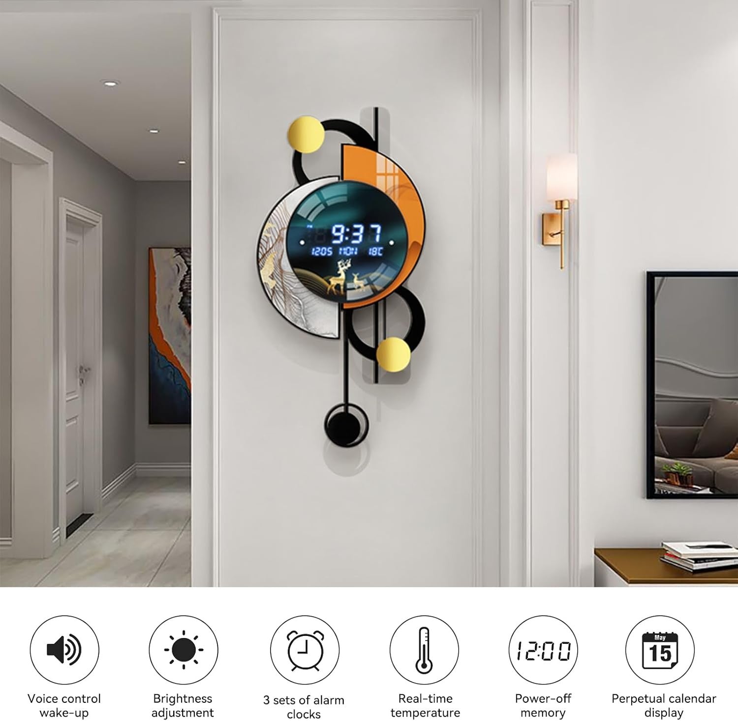 Modern LED Digital Wall Clock Silent Time Temp Display 34x67cm USB Battery