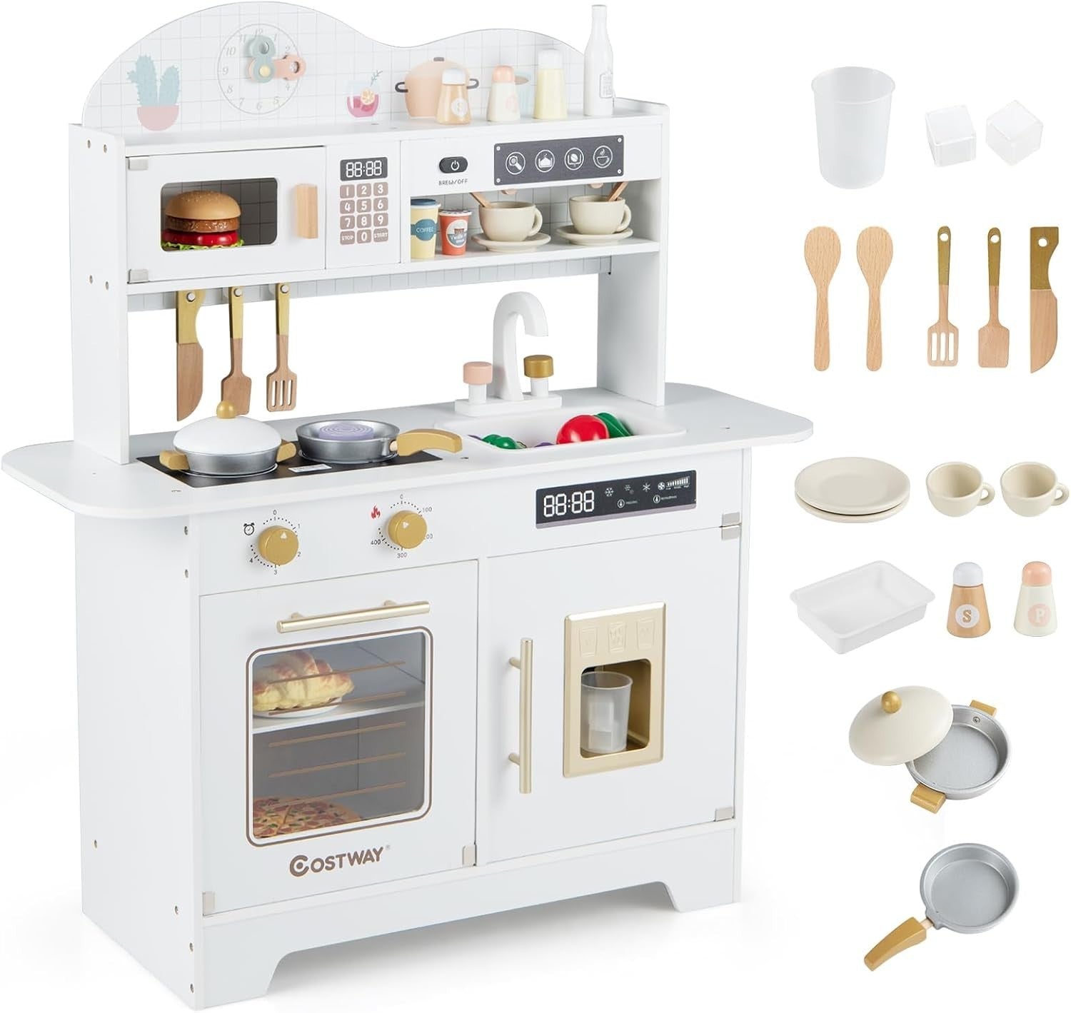 Wooden Kids Play Kitchen White Coffee Maker Oven 17PCS Toy Set