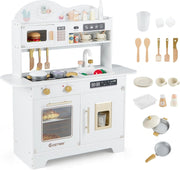 Wooden Kids Play Kitchen White Coffee Maker Oven 17PCS Toy Set
