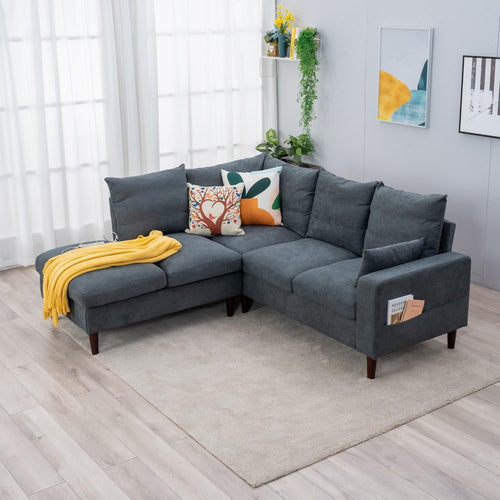 5 Seater Corner Sofa with Chaise Grey Fabric USB Modern L Shape Couch Set