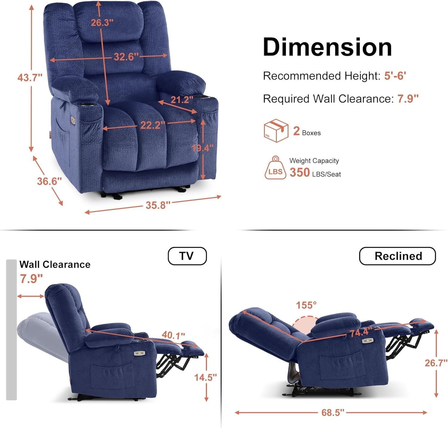 Zero Gravity Electric Recliner Chair Heat Massage Cup Holders Extended Footrest