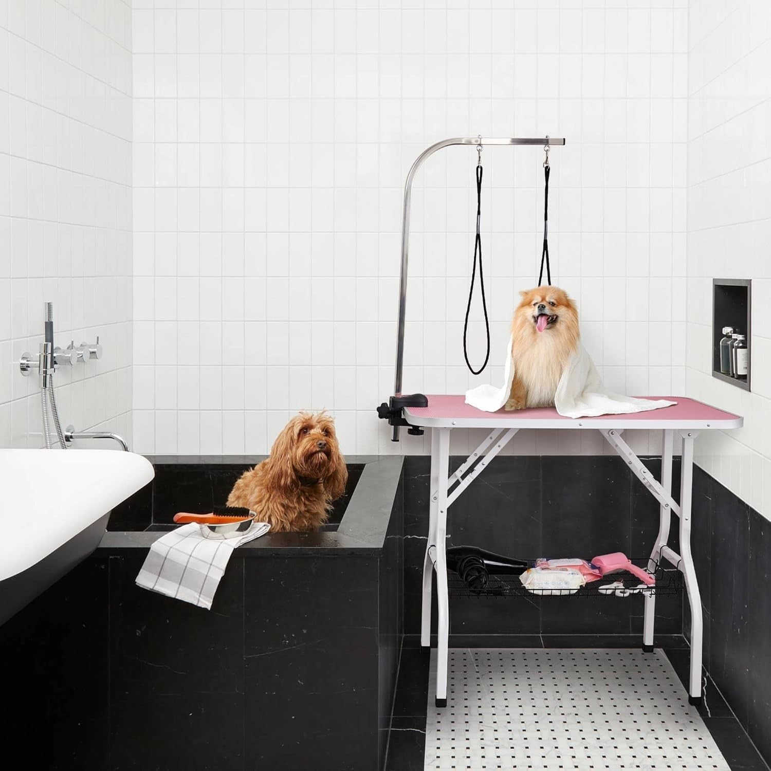 Foldable Dog Grooming Table Adjustable Arm Double Tether Basket Non Slip Pink