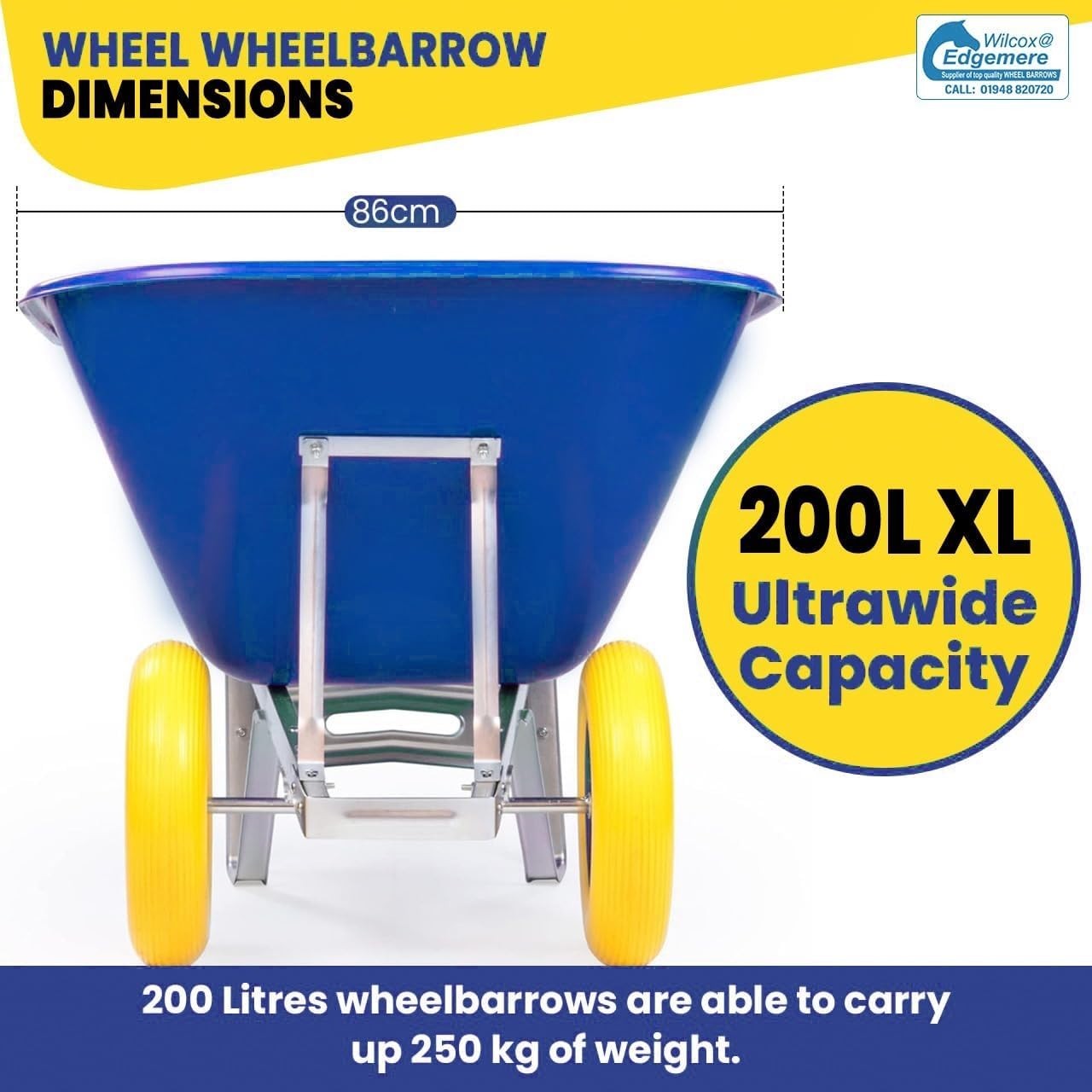 200L 2-Wheel Garden Wheelbarrow – Blue – PU Puncture Proof Tyres Galvanised