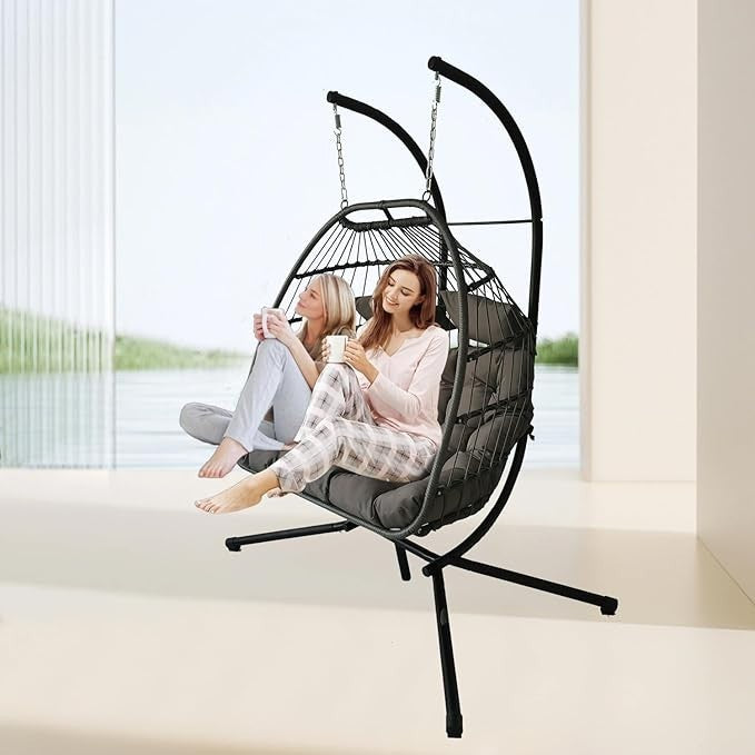 Foldable Double Egg Swing Chair with Stand, Rattan Hammock Seat, 240kg Capacity