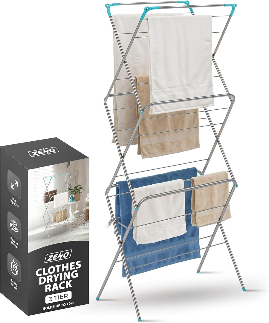 3 Tier Clothes Airer Foldable Drying Rack Steel Laundry Clothes Horse Indoor