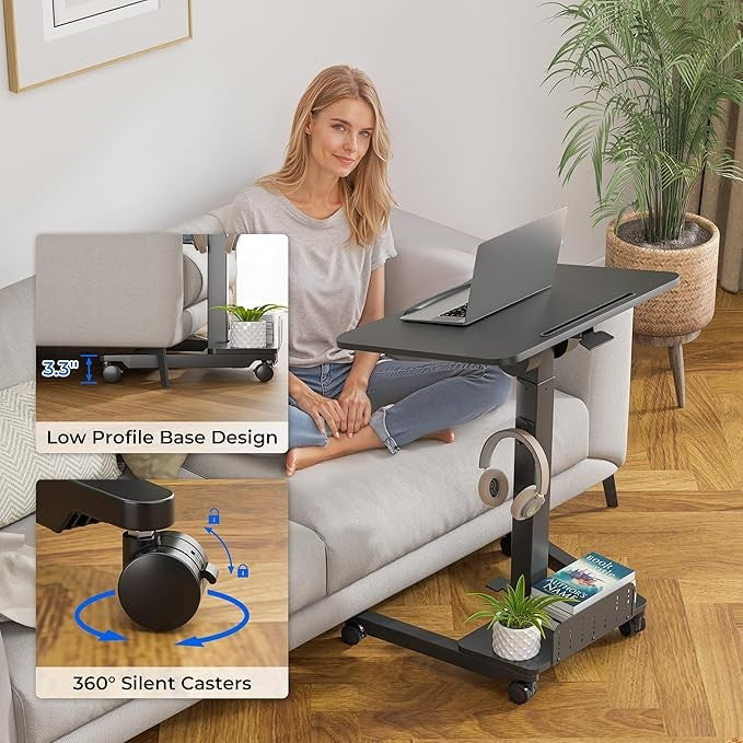 Mobile Standing Desk Adjustable Height Rolling Laptop Table 60x52cm Black