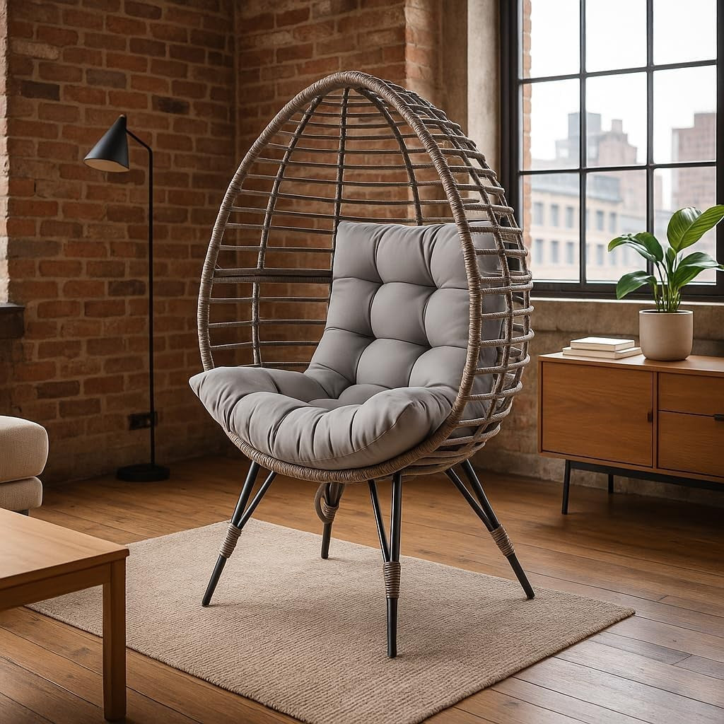 Standing Egg Chair Rattan Pod with Cushion Indoor Outdoor Garden Seat