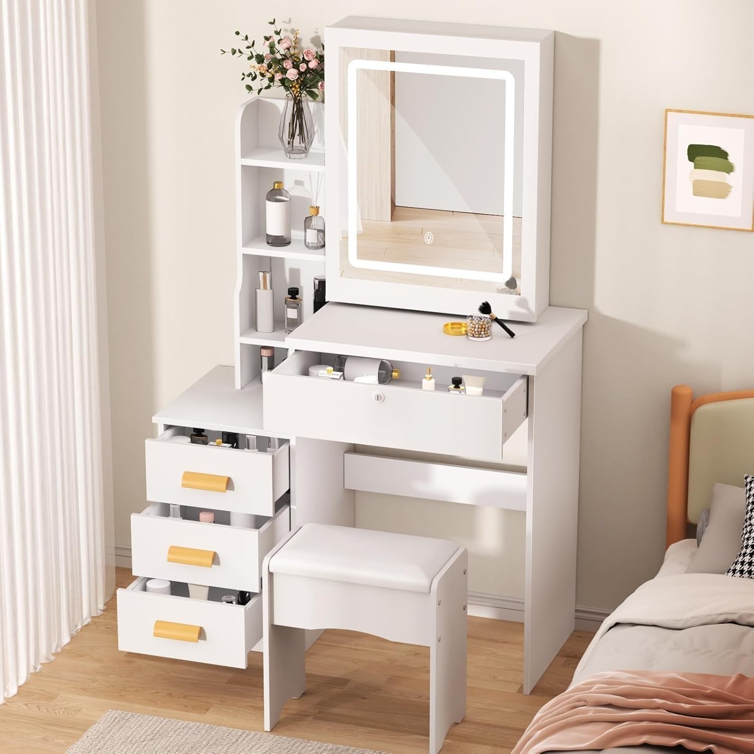 White Vanity Desk w/Sliding Lighted Mirror 4 Drawers Study Table & Stool