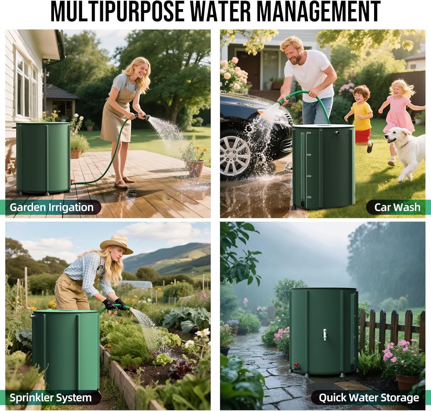380L Collapsible PVC Garden Water Barrel with Spigots, Filter & Overflow