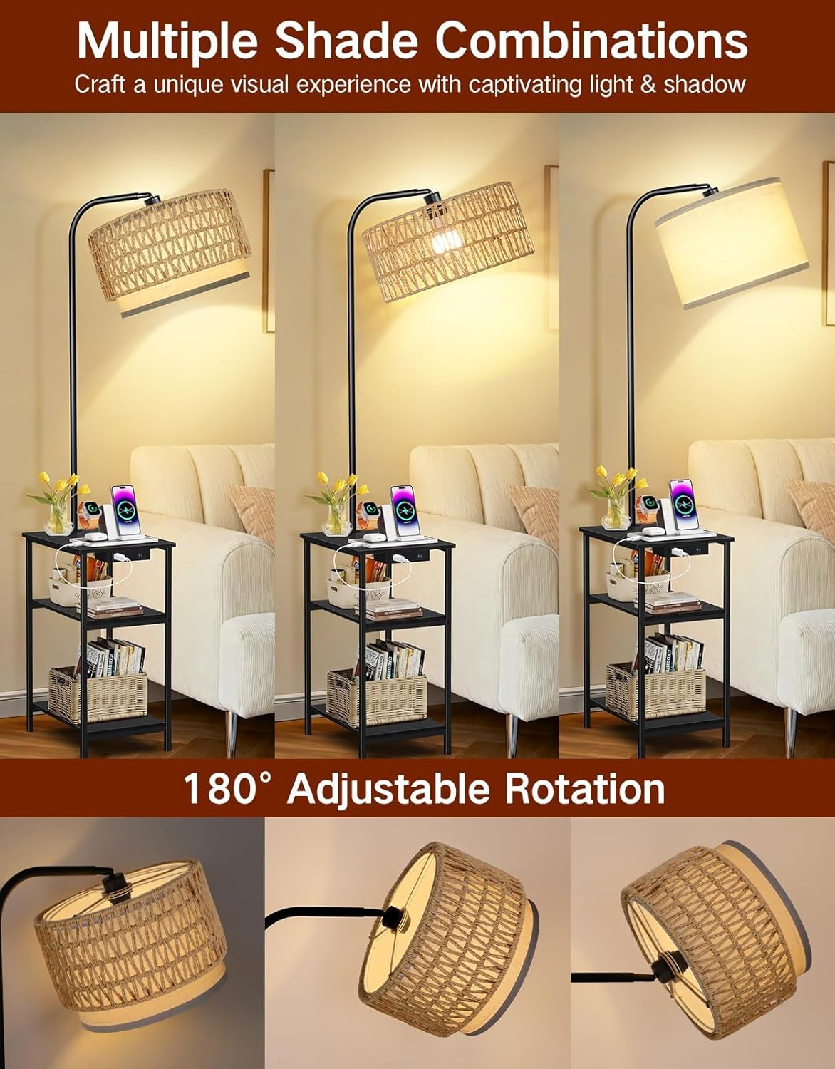 Floor Lamp with Table & Rattan Shade, Dimmable LED, USB Charging, Black