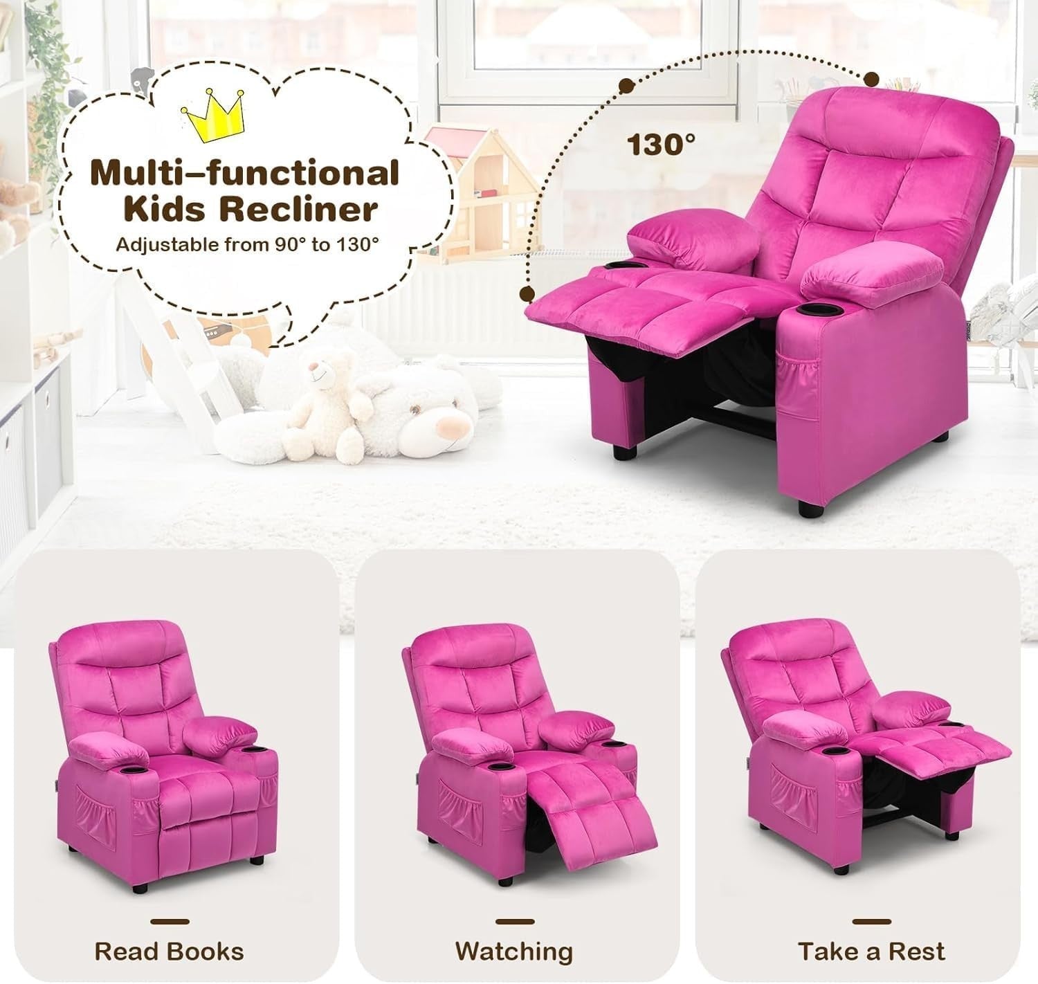 Pink  Adjustable Kids Recliner Chair with Footrest, Cup Holders & Side Pockets