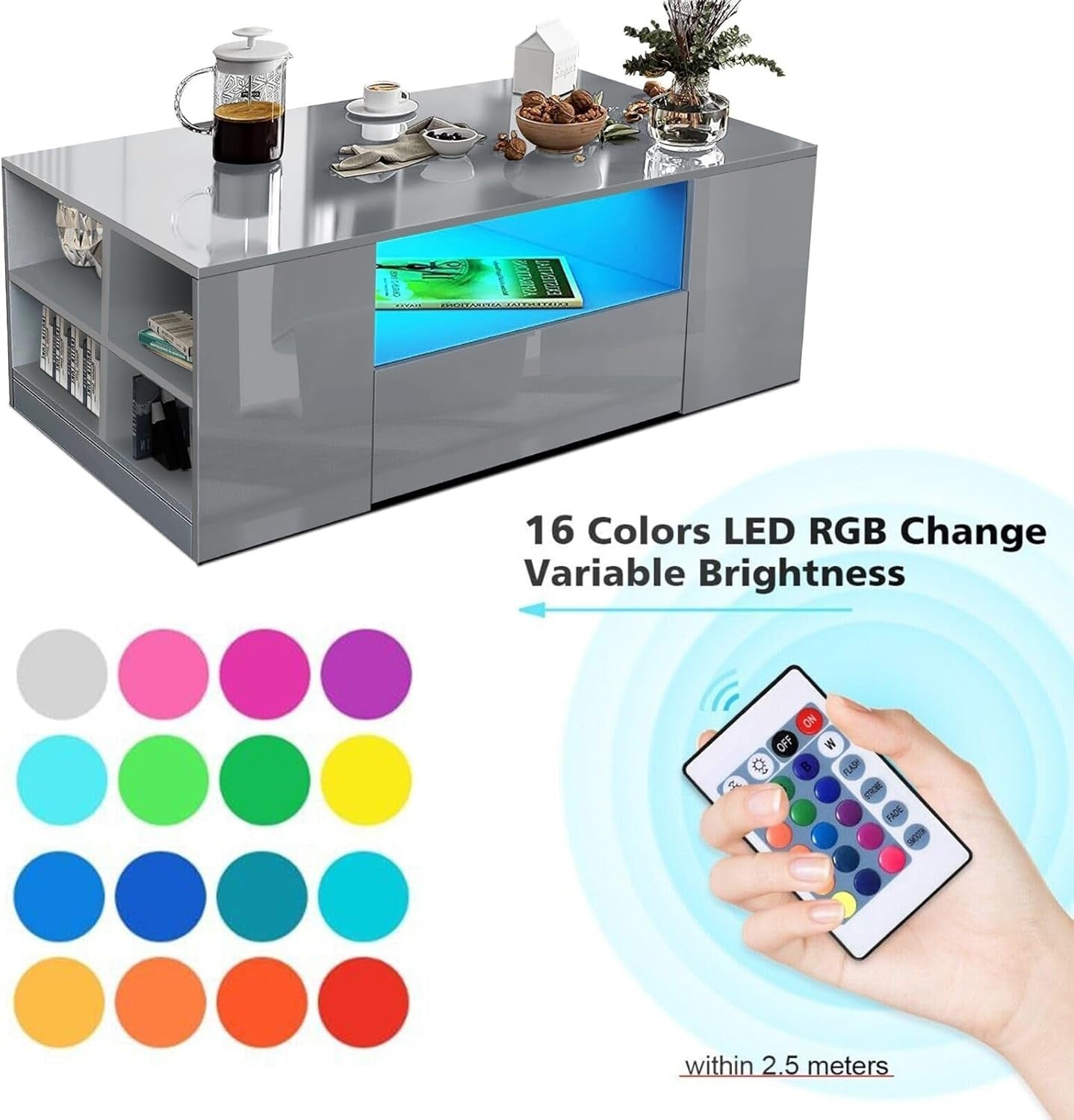 Grey High Gloss Coffee Table with 2 Drawers, LED RGB Lights & Storage 95x55x37cm