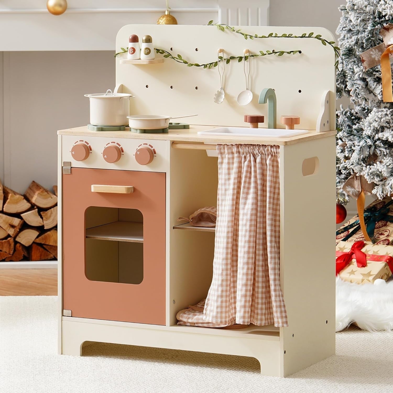 Wooden Kids Play Kitchen Set w/ Apron Oven Sink Rustic Pink Toy