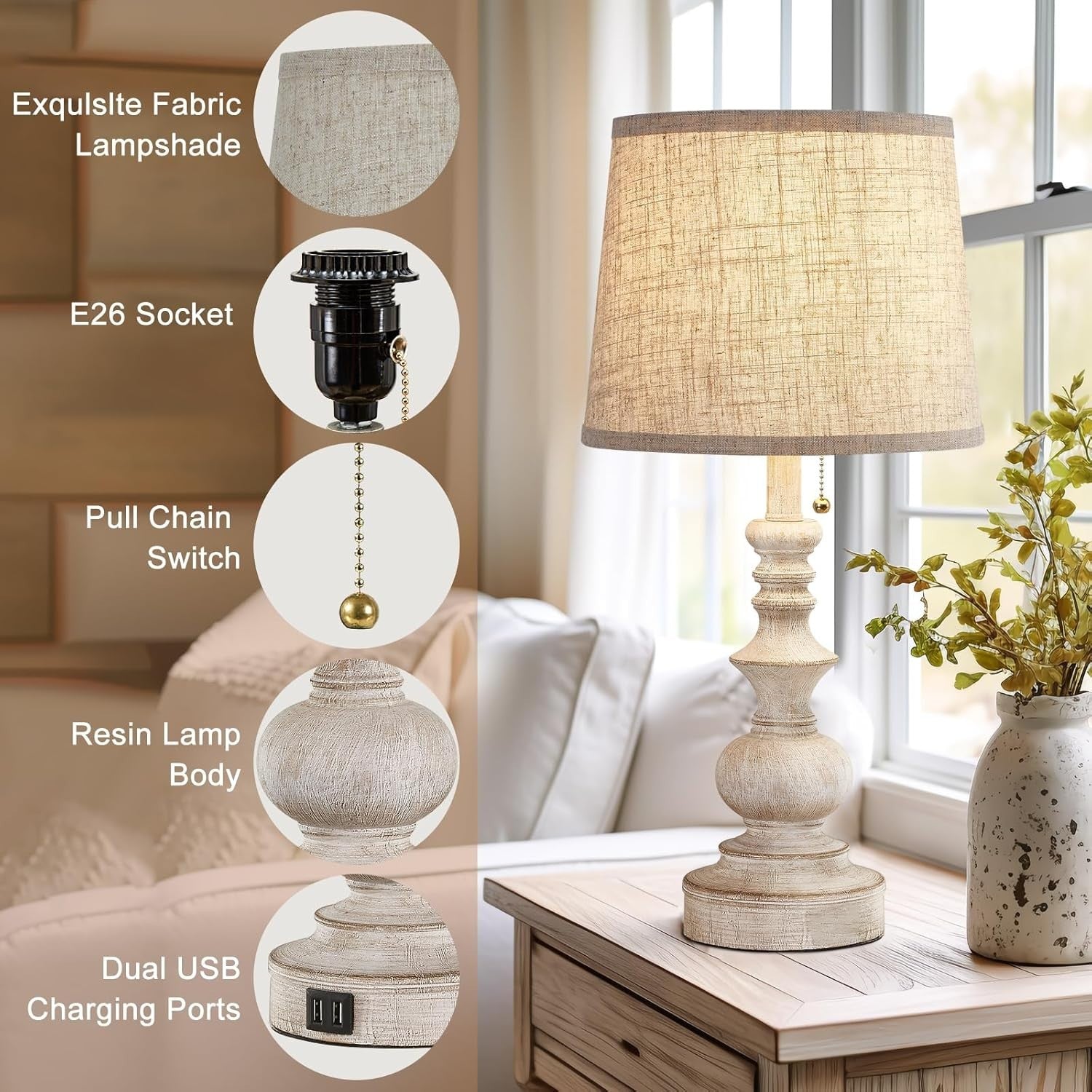 Rustic Farmhouse Table Lamps with USB Ports Set of 2 26cm Perfect Light0
