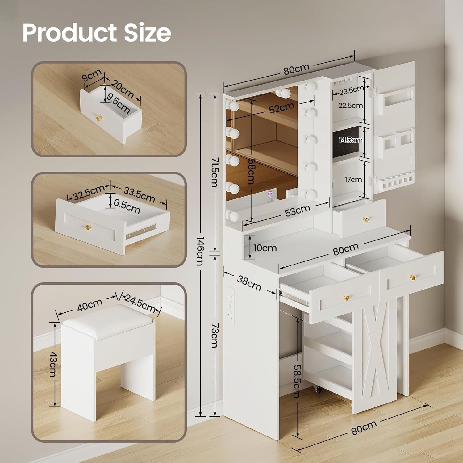 Vanity Table Desk Set w/ LED Mirror USB Ports Stool Drawers Mobile Cart White