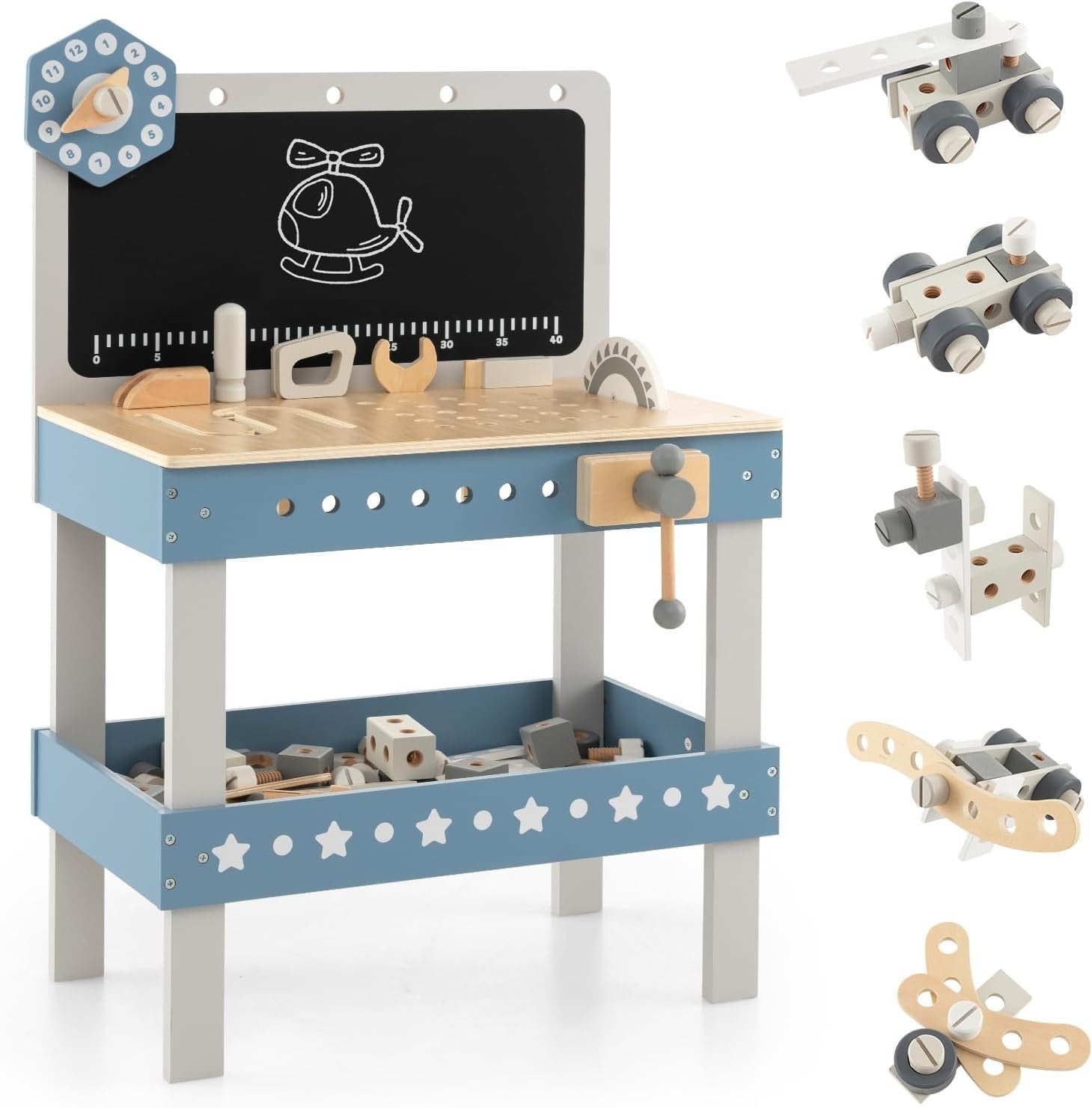 Wooden Kids Workbench Tool Set 75pcs w/ Blackboard Clock Storage Shelf 50x29