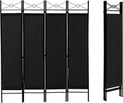 4 Panel Folding Room Divider – Black Privacy Screen with Steel Frame for Bedroom
