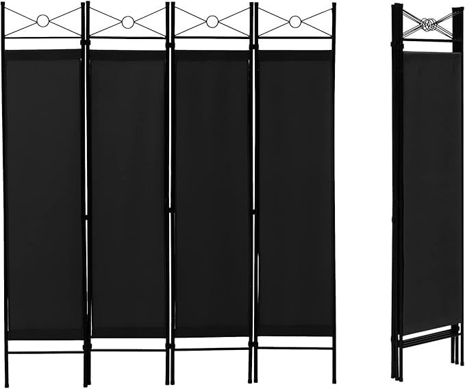 4 Panel Folding Room Divider – Black Privacy Screen with Steel Frame for Bedroom