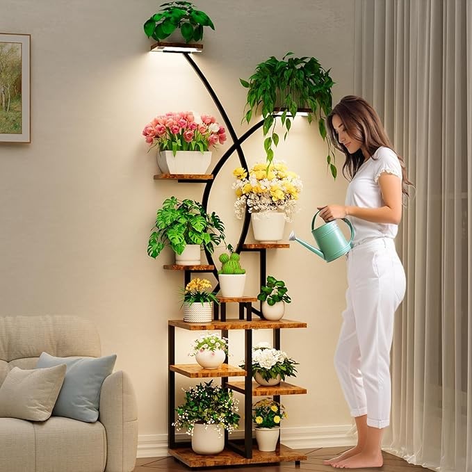 71" Tall 10-Tier Metal Plant Stand with Grow Lights, Indoor Corner Shelf