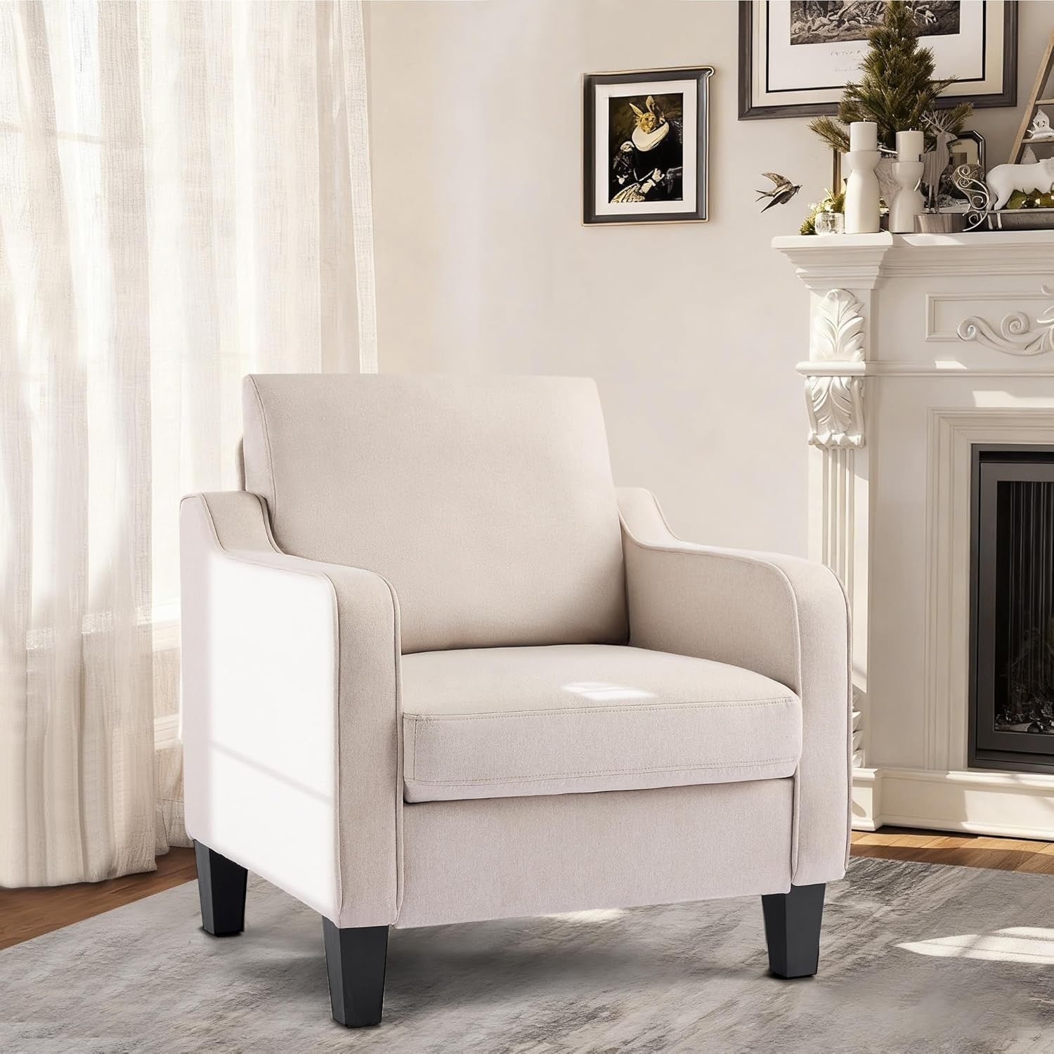 Set of 2 Mid Century Modern Accent Armchairs Linen Beige