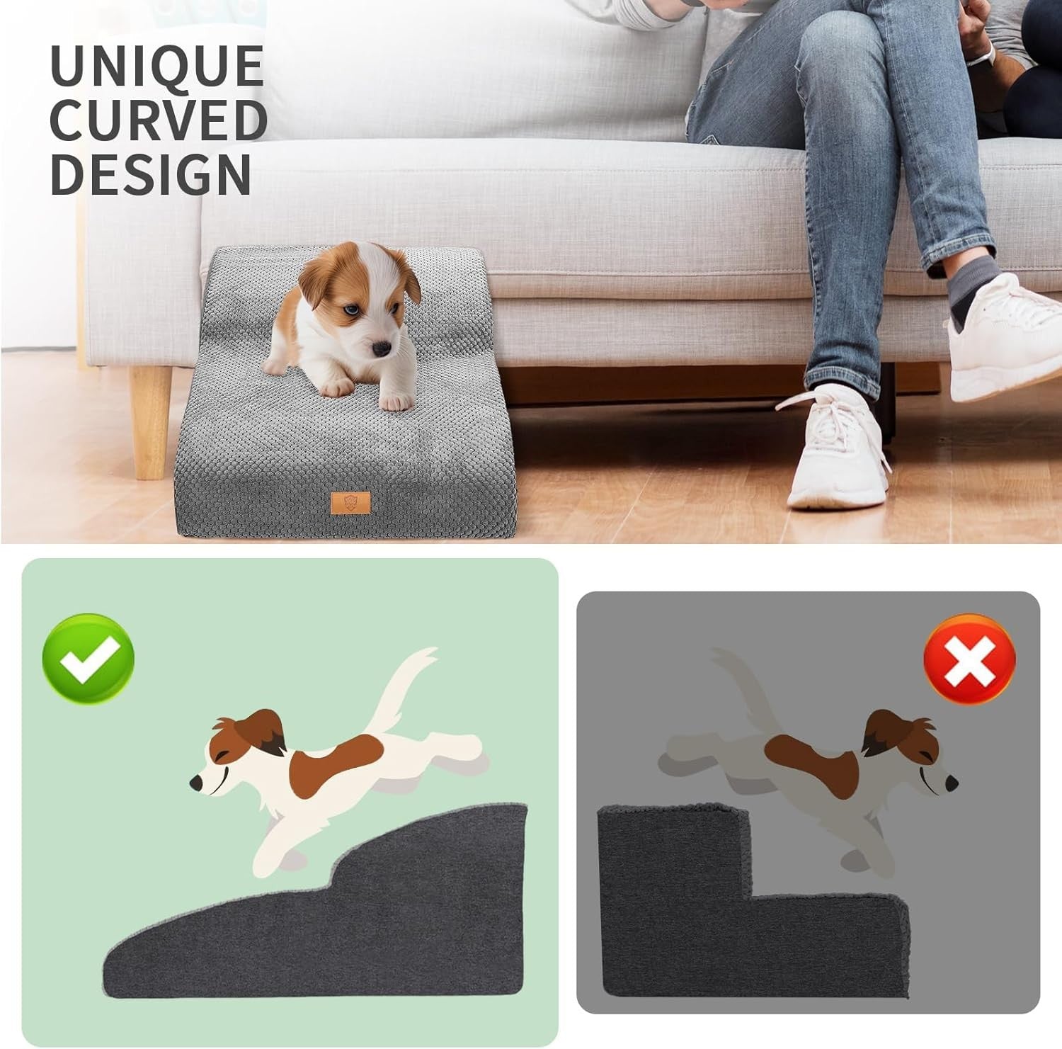 Grey 2 Step Extended Dog Stairs 30D Foam 55x40x30cm