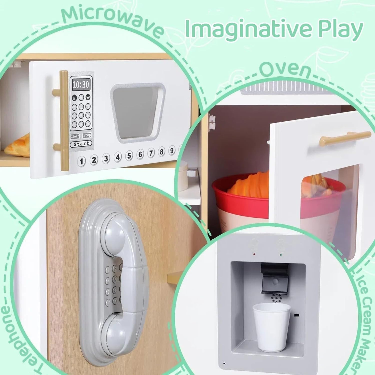 Kids Wooden Play Kitchen w/ Lights Sounds Ice Cream Maker