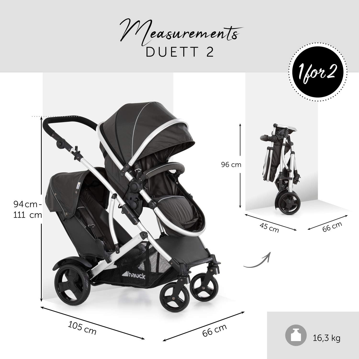 Double Tandem Pushchair for Baby & Toddler From Birth Compact Black