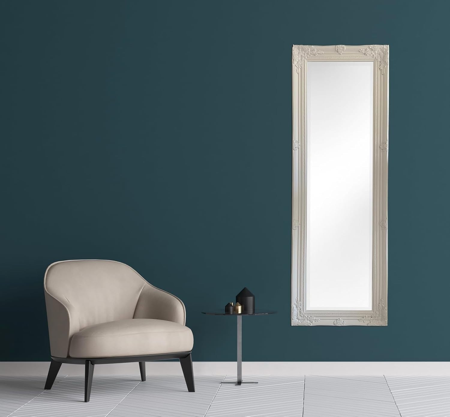 Tall White Wall Mirror 142x47cm with Bevelled Glass, Classic Wood Frame