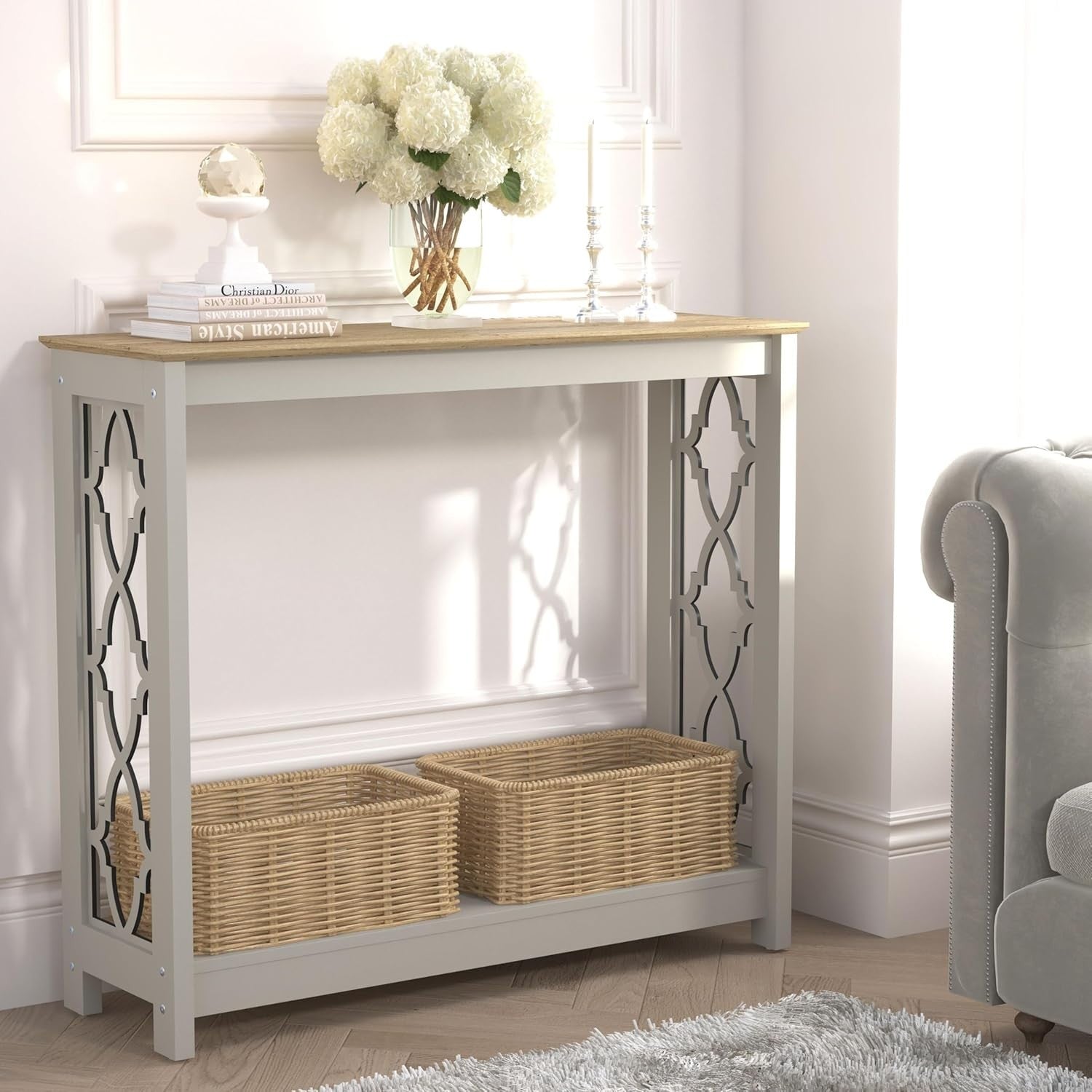 Slim Console Table Grey Oak – Narrow Entryway Shelf for Hallway Storage
