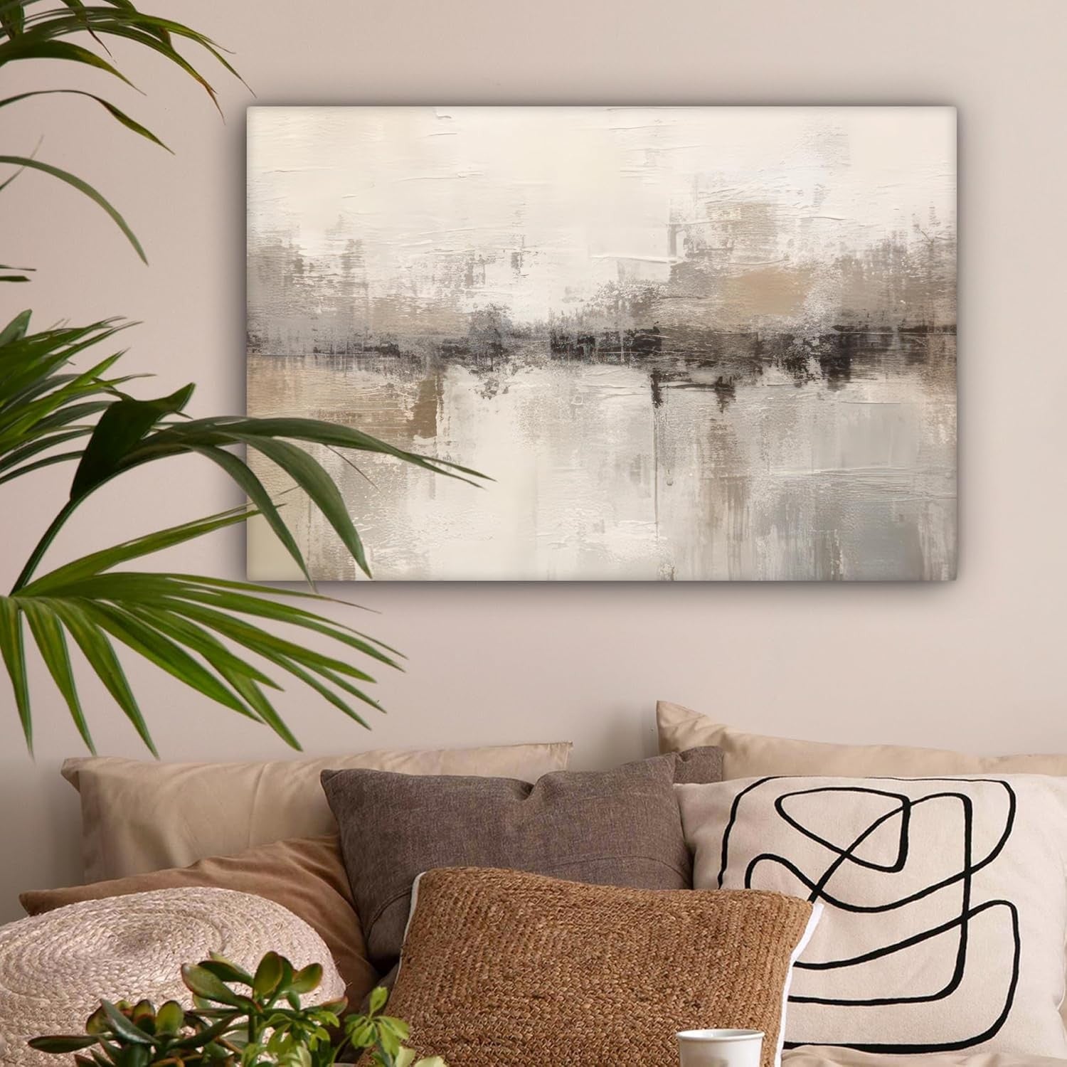 Abstract Beige Canvas Wall Art 60x40cm Framed Modern Decor