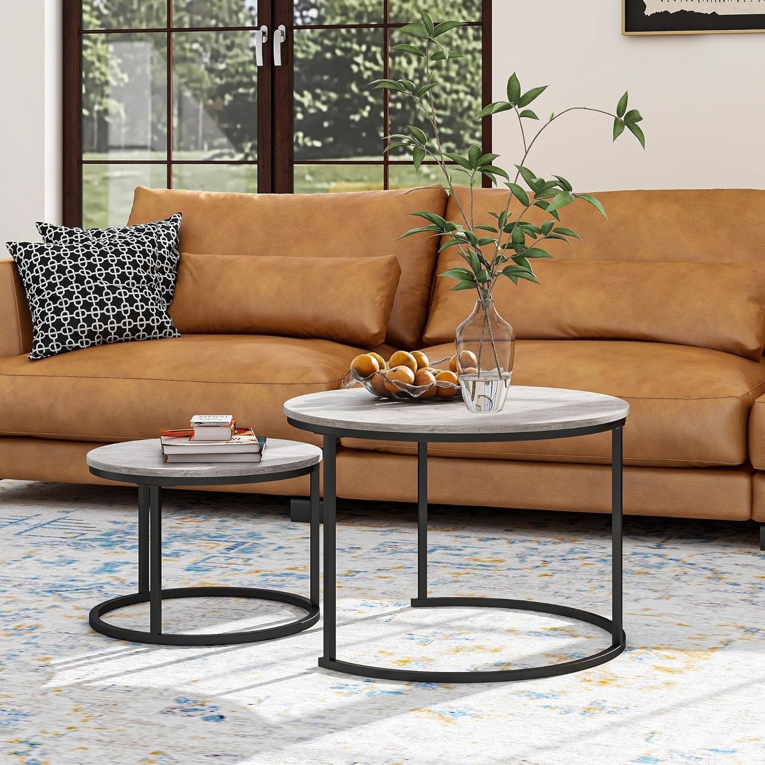 Space Saving Nesting Coffee Table Set Metal Legs Black/Grey End Side Desk