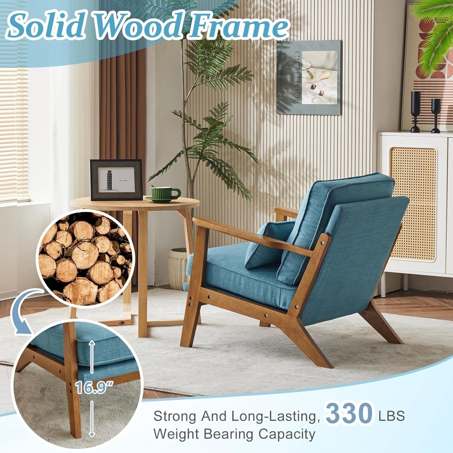 Blue Accent Armchair Solid Wood Lounge Chair Wide Arm Cushioned