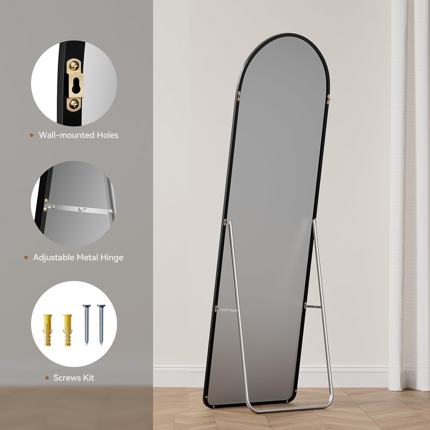 Large Arch Floor Mirror 165x60cm Leaning Full Body Wall Mirror Black Frame