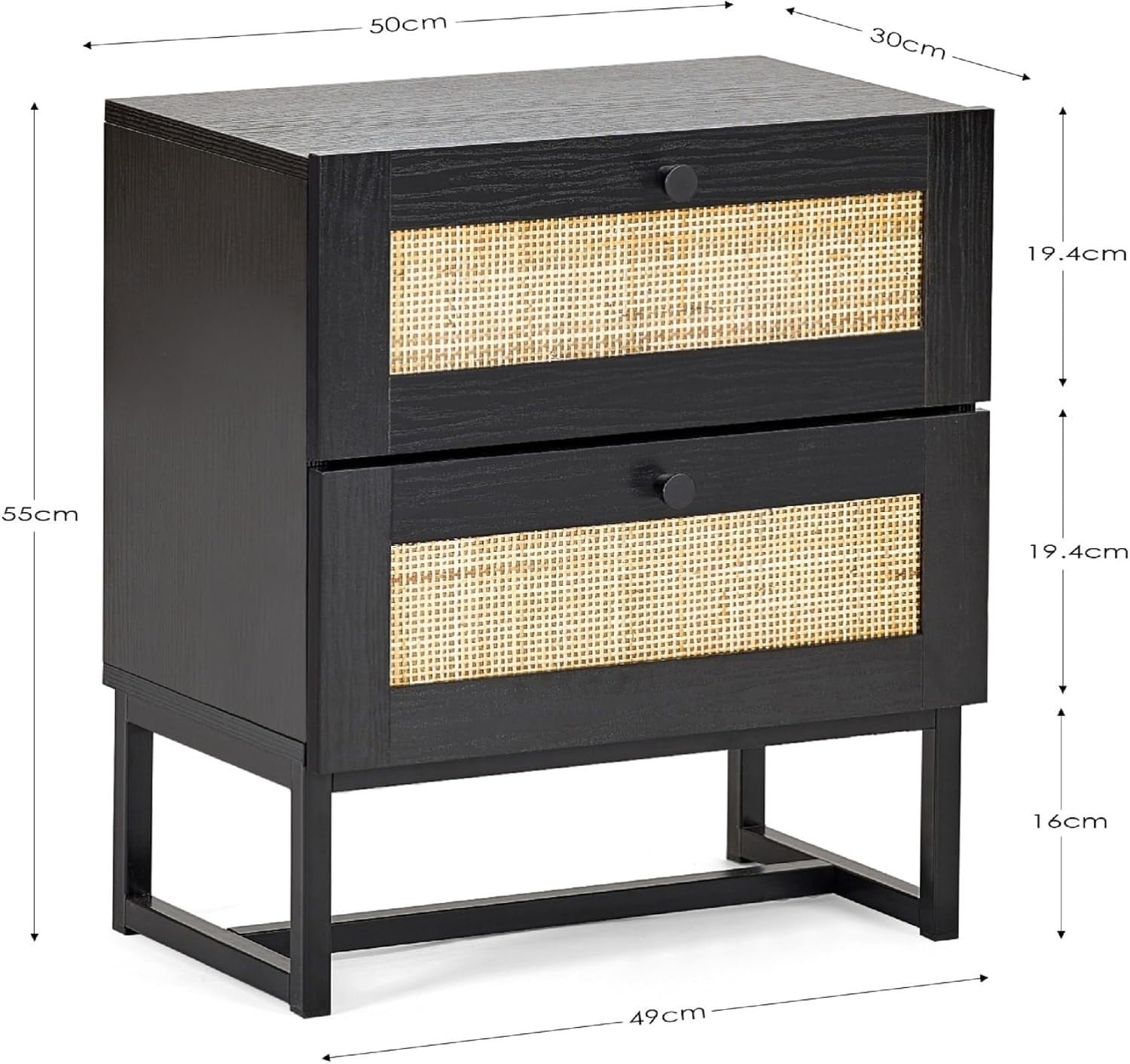 Modern Black 2 Drawer Bedside Table with Rattan Front 50x30x55cm
