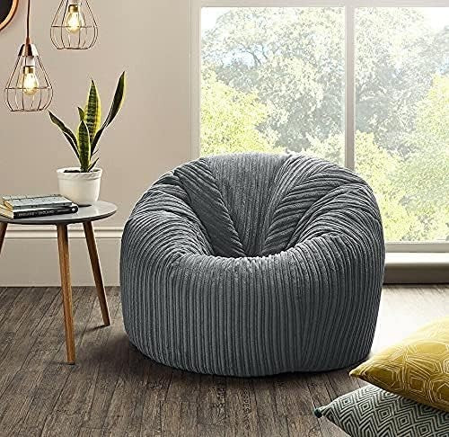 Plush Cord Beanbag Chair Grey Recliner – Lounge Seat for Gaming & Relaxing