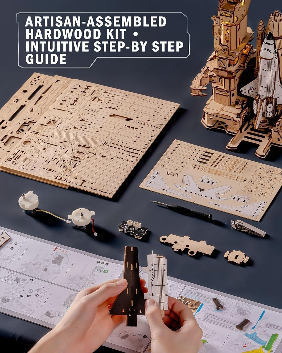 3D Wooden Space Shuttle Puzzle Model Kit Motorized Lights 446 Pieces