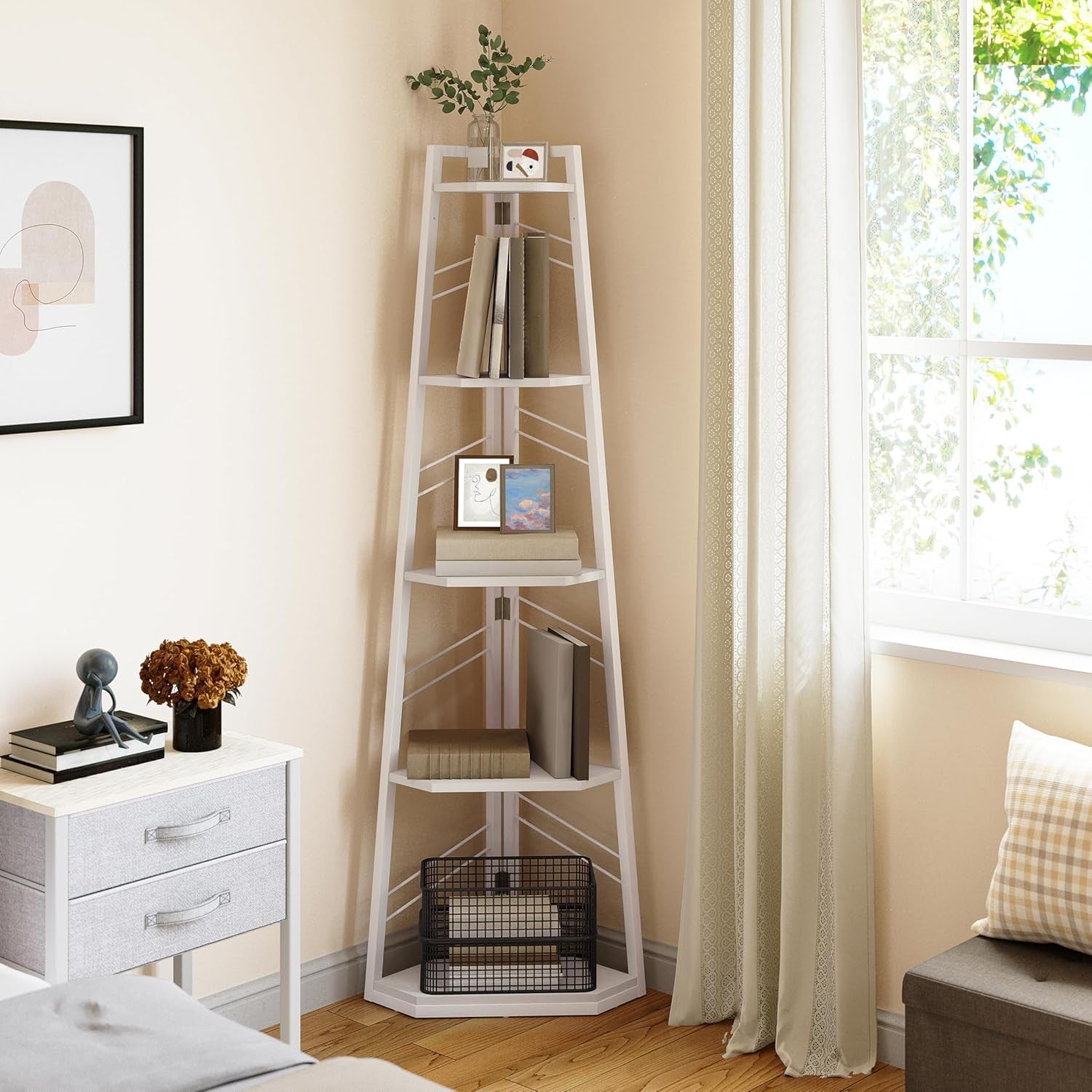 5-Tier White Corner Bookshelf Industrial Ladder Shelf Tall Display Storage Unit