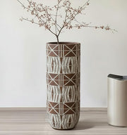 Tall Brown Wooden Floor Vase 50cm Handmade Tribal Boho Decor for Pampas
