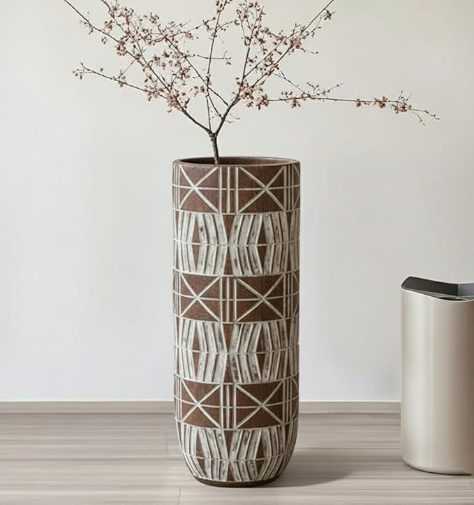 Tall Brown Wooden Floor Vase 50cm Handmade Tribal Boho Decor for Pampas